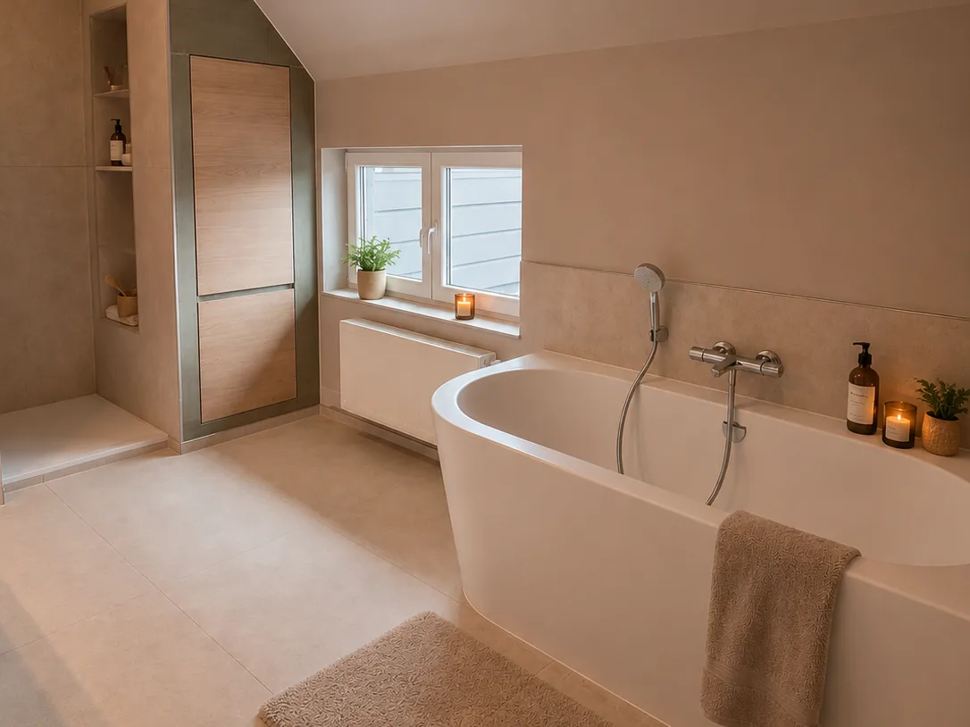 Moderne badkamer met vrijstaand bad, inloopdouche en nieuwe sanitaire aansluitingen