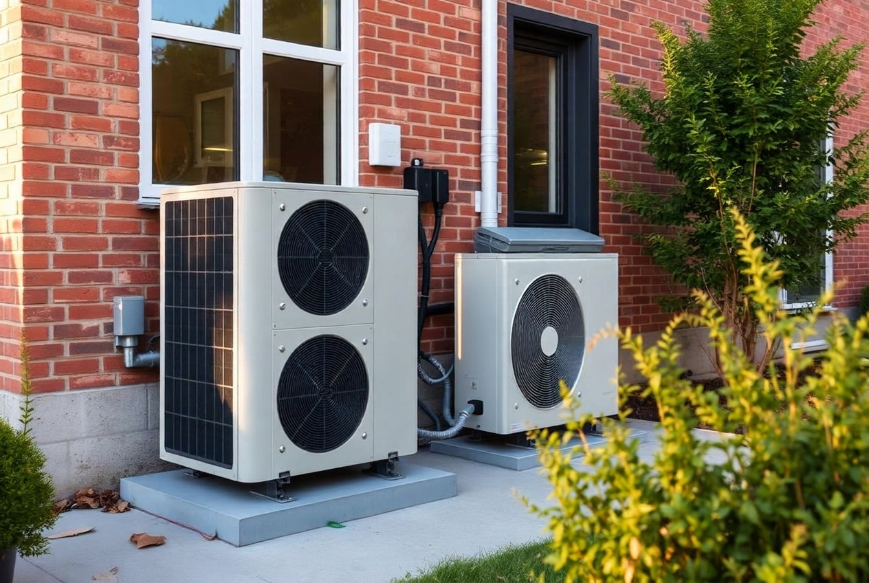 Buitenunit van een lucht-waterwarmtepomp geplaatst door HEATR naast een woning